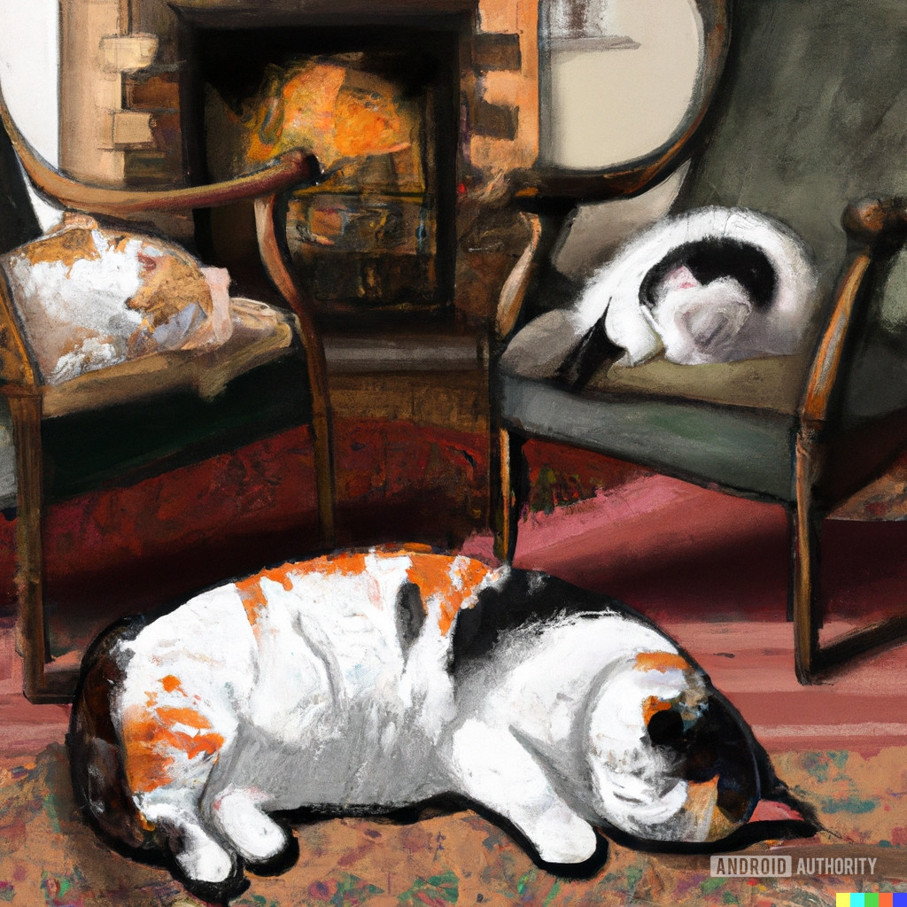 A DALL-E 2 generated image from the prompt &quot;three calico cats sleeping in front of a fireplace in a living room on a rug with two armchairs on either side of the cats in a photorealistic style&quot;