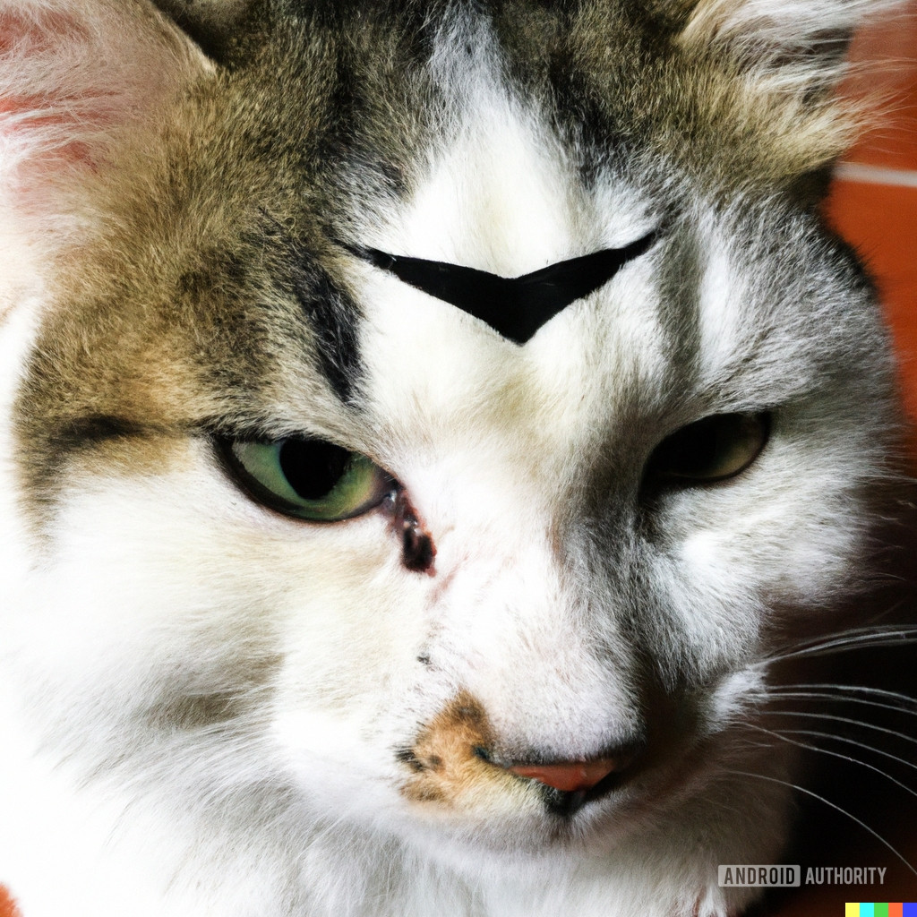 A DALL-E 2 generated image from the prompt &quot;a cat with the nike logo on its forehead&quot;. The generated logo is not similar to a Nike checkmark; it looks like a shallow black &quot;v&quot; instead.