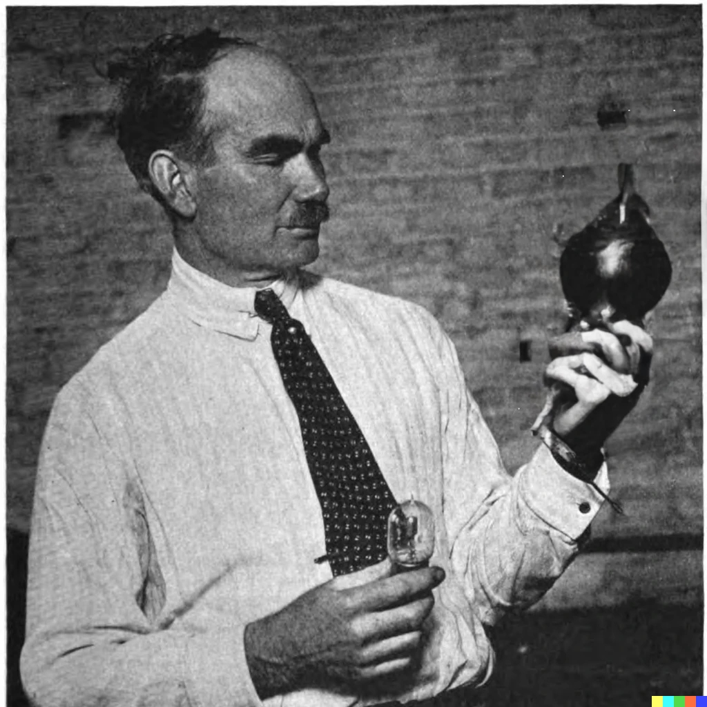 A black and white photo of Lee De Forest with holding an audion tube in one hand and the other hand holding a vase genrated by DALL-E 2 with the prompt "a black and white photo of a man in a shirt and tie holding a vacuum tube in one hand a vase in the other in front of a brick wall."