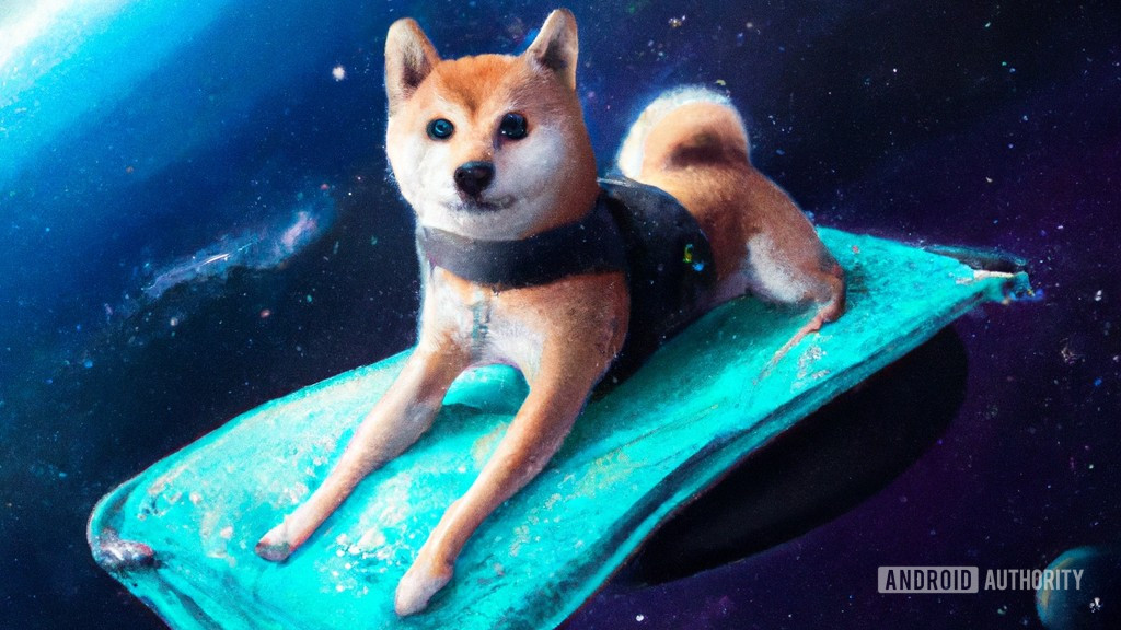 A DALL-E 2 generated image from the prompt "file:///home/zkhan/Documents/AndroidAuthority/dalle2/DALL·E 2022-09-29 13.45.14 - a shiba inu on a flying carpet riding through space, digital art." DALL-E 2 made the carpet blue and a supernova-like glow in the background to match as the shiba rests on the carpet peacefully.