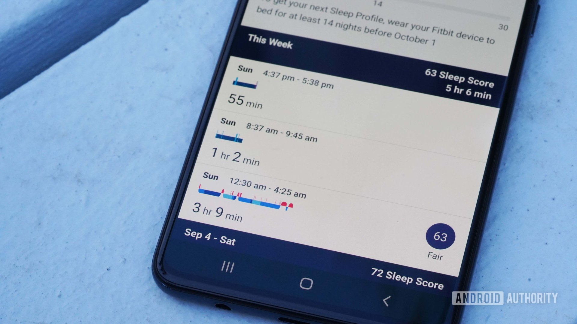 A Samsung Galaxy A51 displays a user's Sleep Score in the Fitbit app.