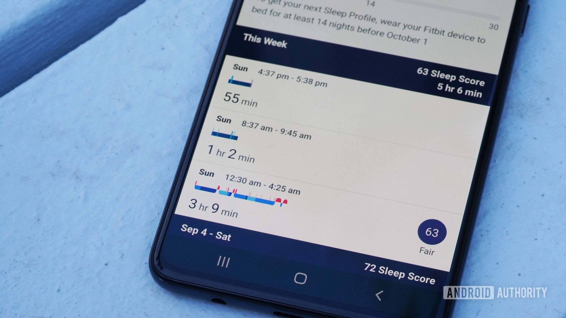 A Samsung Galaxy A51 displays a user's Sleep Score in the Fitbit app.