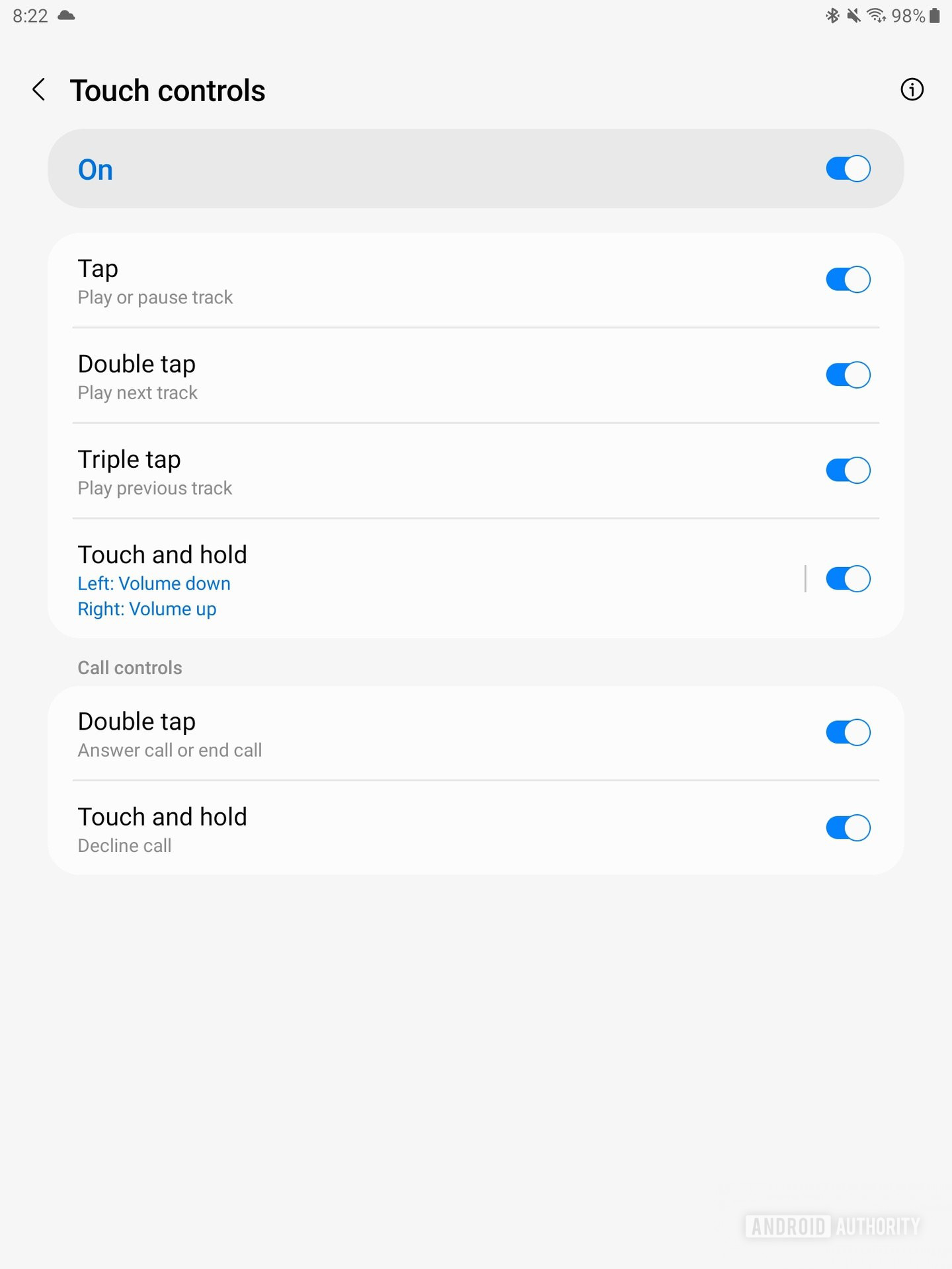 A screenshot of the Samsung Wearable App showing the Galaxy Buds 2 Pro connected showing the touch control options.