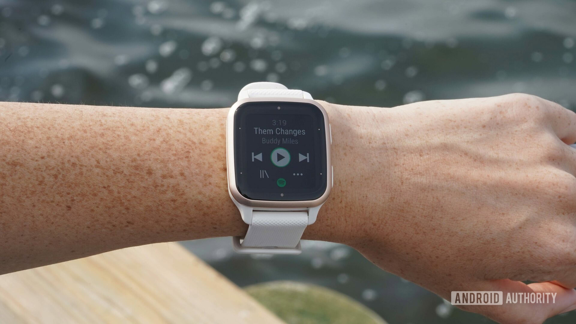 A Garmin device displays music controls in the Spotify app.