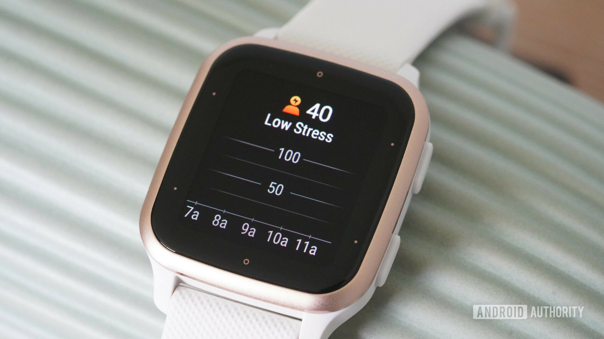 Un Garmin Venu Sq 2 muestra el nivel de estrés de un usuario como bajo.