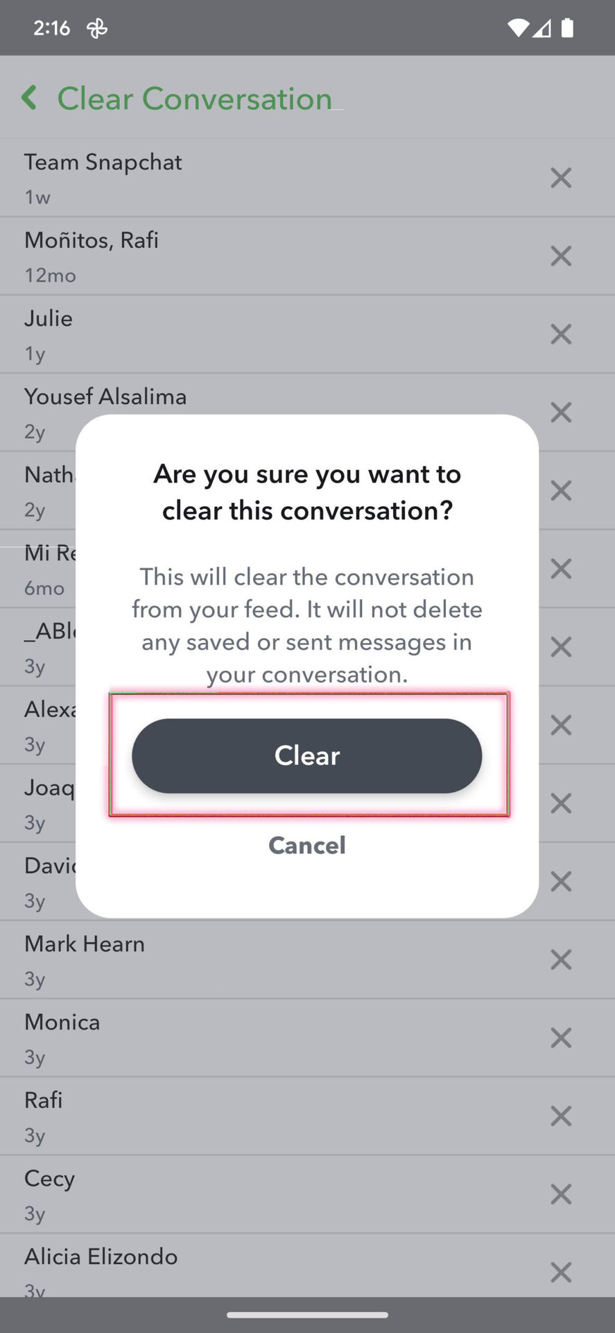 How to clear conversations in Snapchat 4