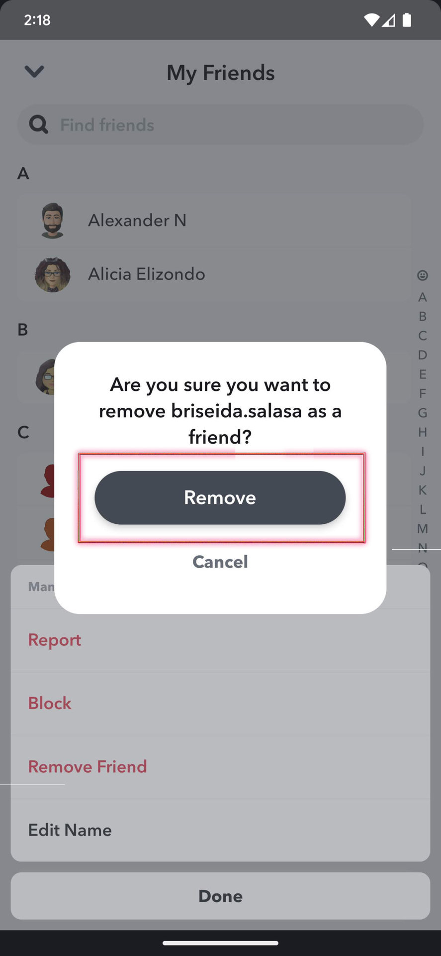 How to remove friend in Snapchat 4