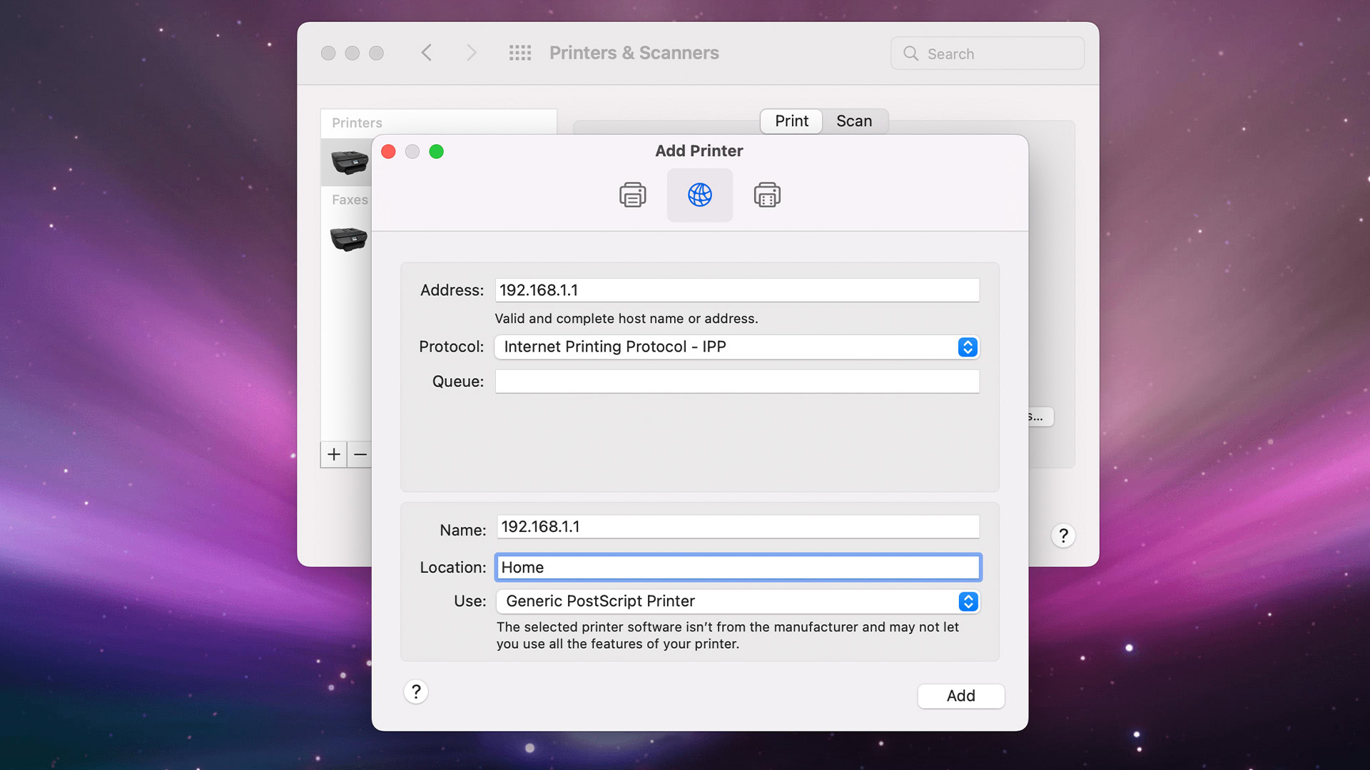 Mac Add a Printer with IP address