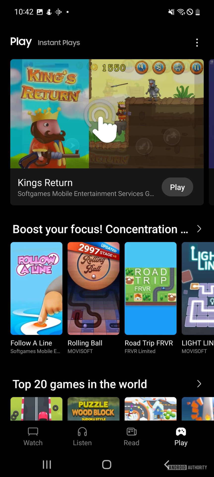 A screenshot of the Samsung Free service showing the Play tab populated with mobile games.