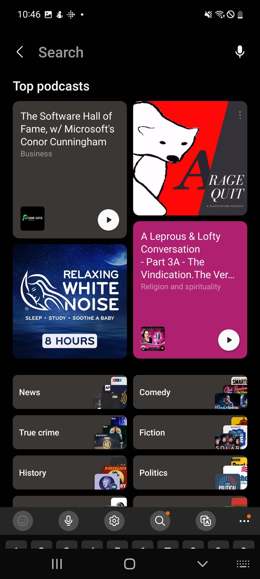 A screenshot of the Samsung Free service showing the Listen tab populated with podcasts.
