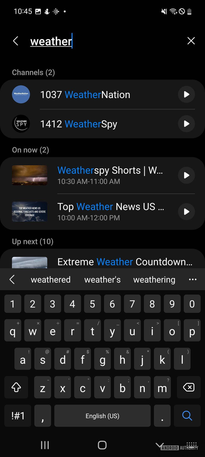 A screenshot of the Samsung Free service showing the Watch tab populated with a search fr "weather" pullled up.