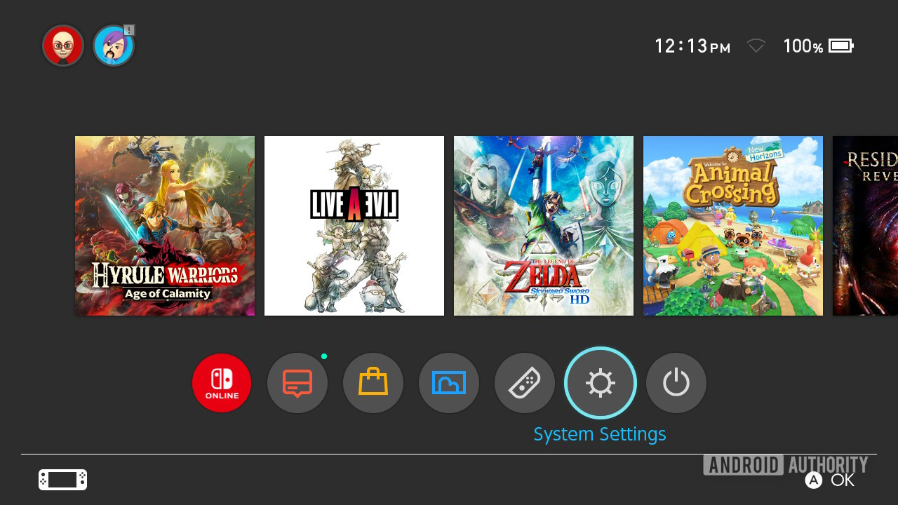 Screenshot of the Nintendo Switch home screen with System Settings selected.