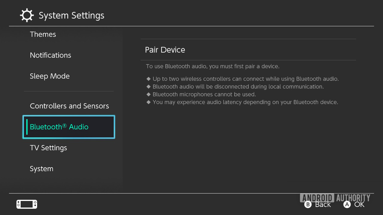 Screenshot of the Nintendo Switch settings menu scrolled down with Bluetooth Audio selected.