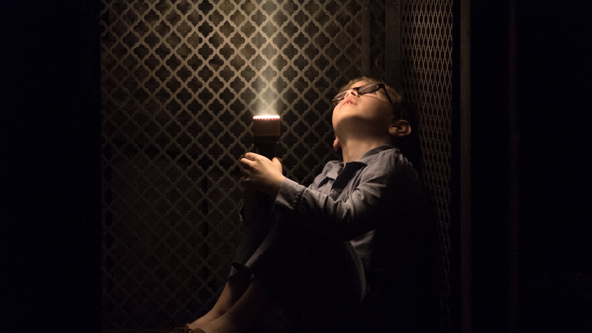 A boy hides in a dumbwaiter elevator aiming a flashlight upwards in The Haunting of Hill House - best horror shows to stream