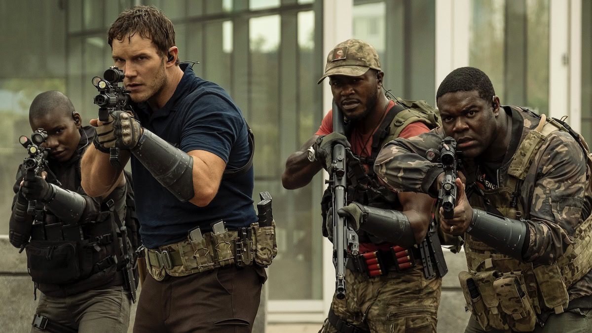 CHRIS PRATT, EDWIN HODGE, and SAM RICHARDSON in The Tomorrow War