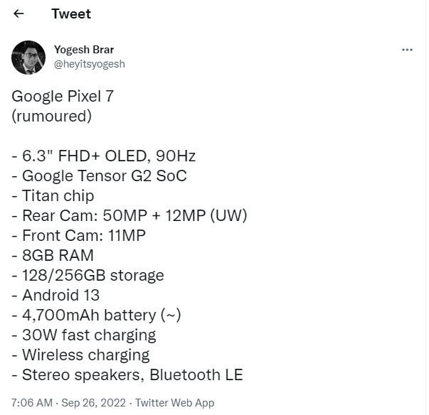 Yogesh Brar Pixel 7 specs twitter