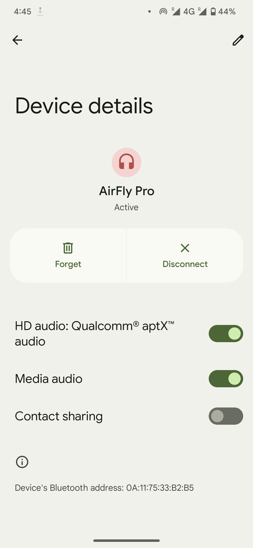 Bluetooth settings showing a connected AirFly Pro with its options
