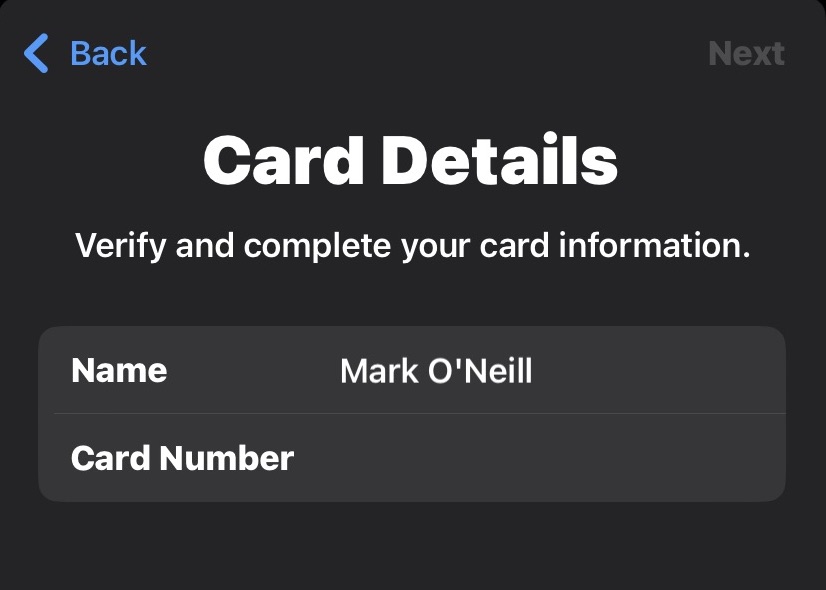 apple wallet manually add card details
