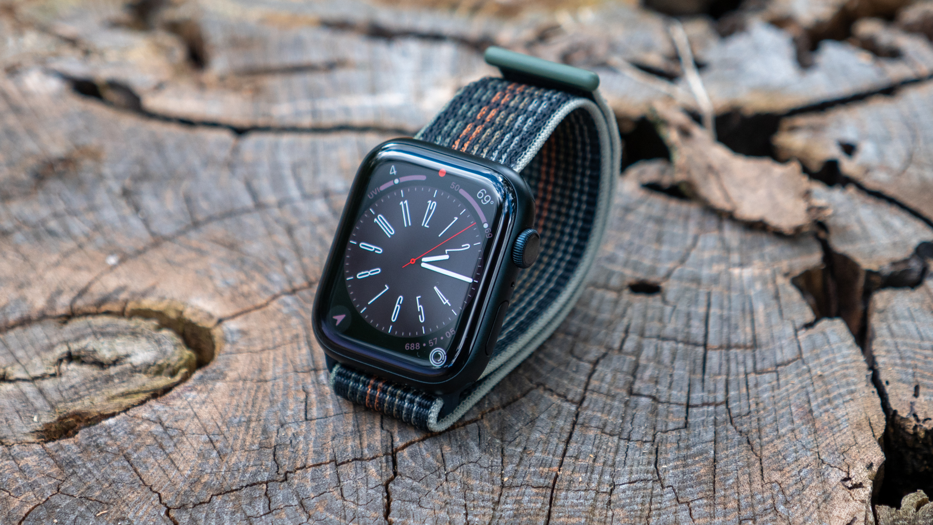 The Apple Watch Series 8 rests on a log.