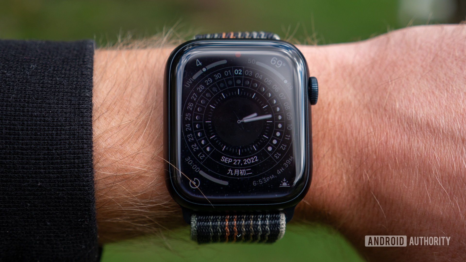 Apple Watch Series 8 Lunar face on wrist.