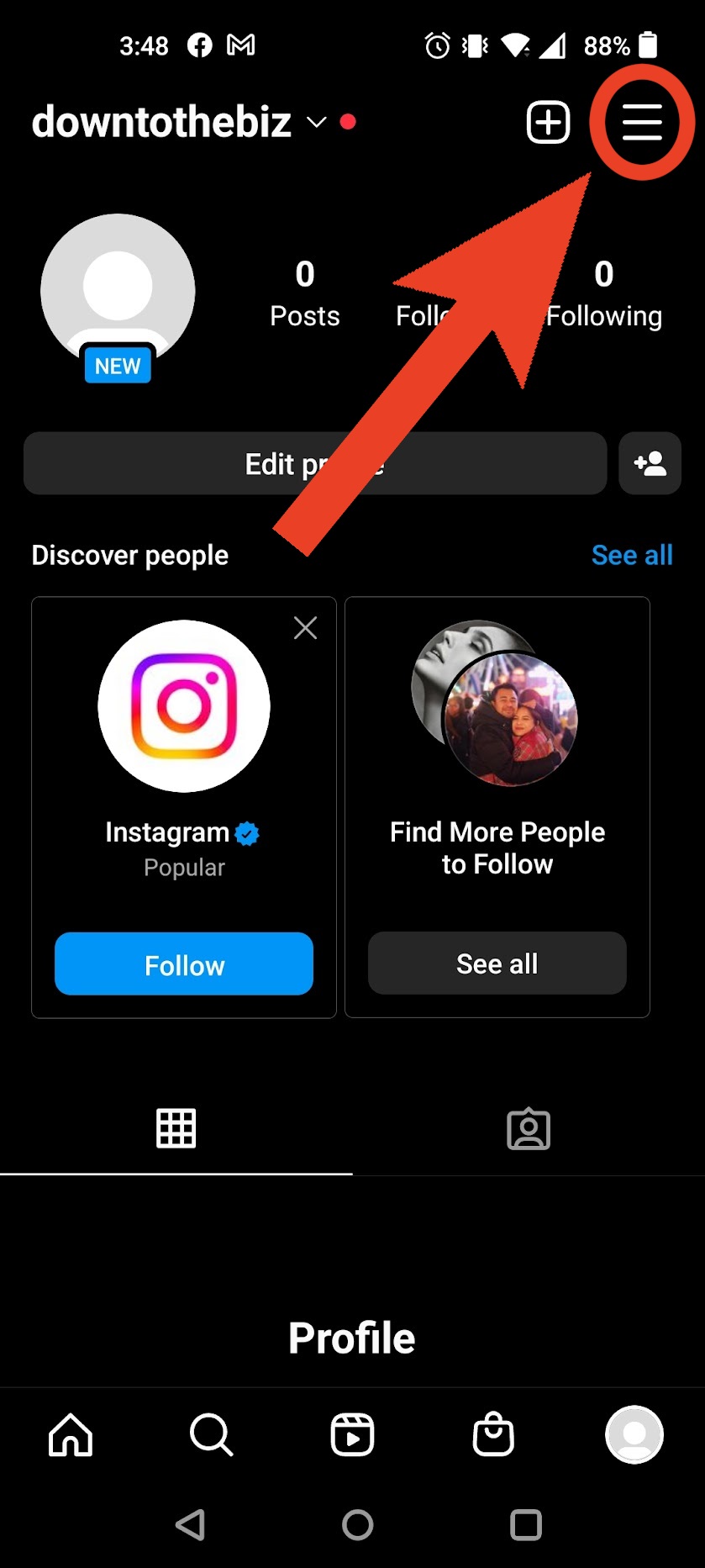 Tap the three line menu button on Instagram your profile