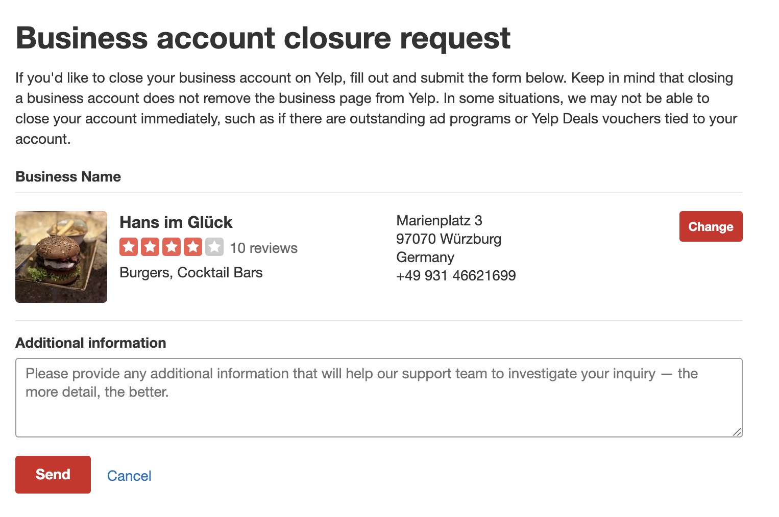 closing yelp business account request