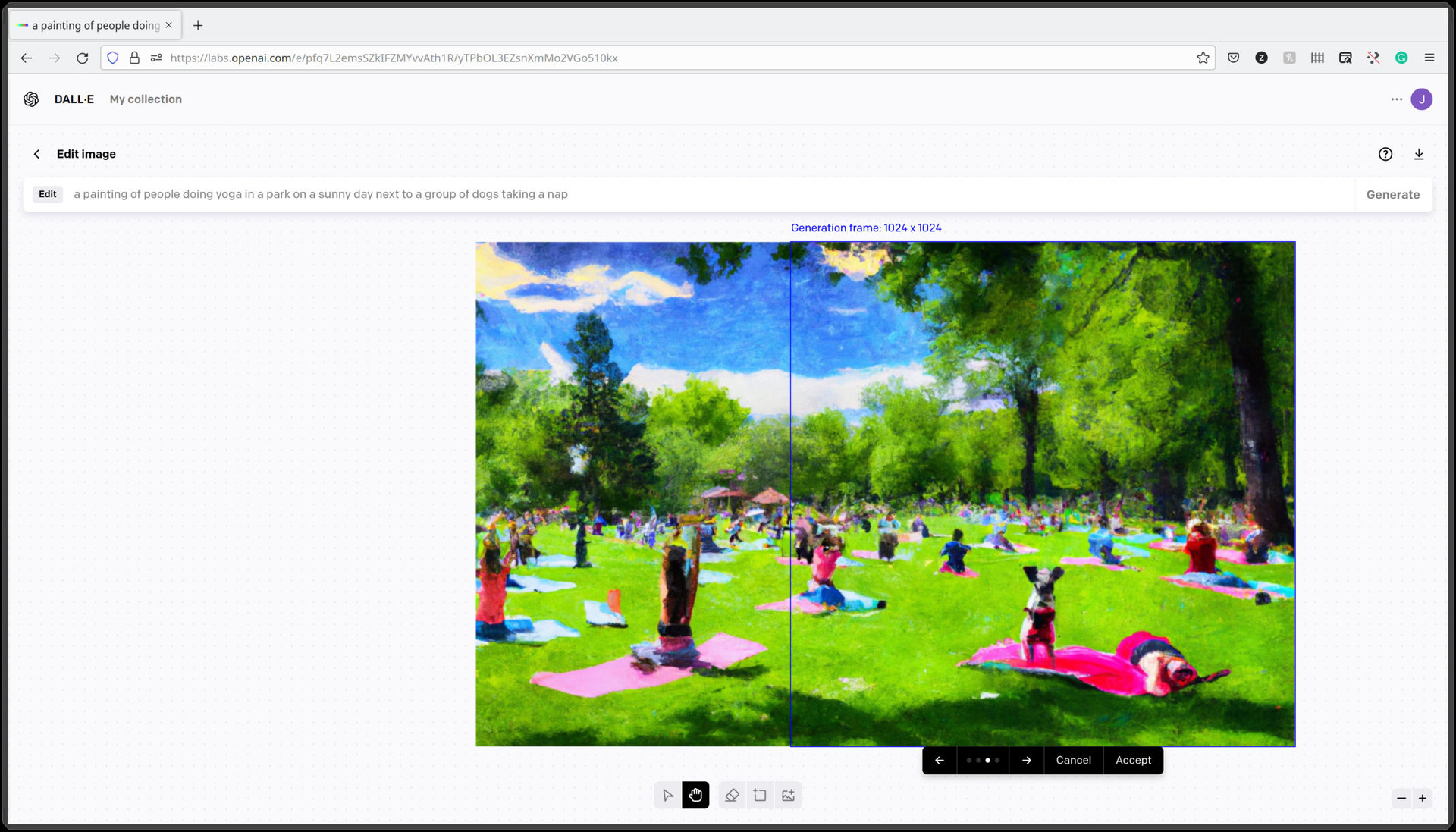 A screenshot of DALL-E 2 generate image from the prompt a painting of people doing yoga in a park on a sunny day next to a group of dogs taking a nap". This is an outpainting of a previously generated image that adds more detail.