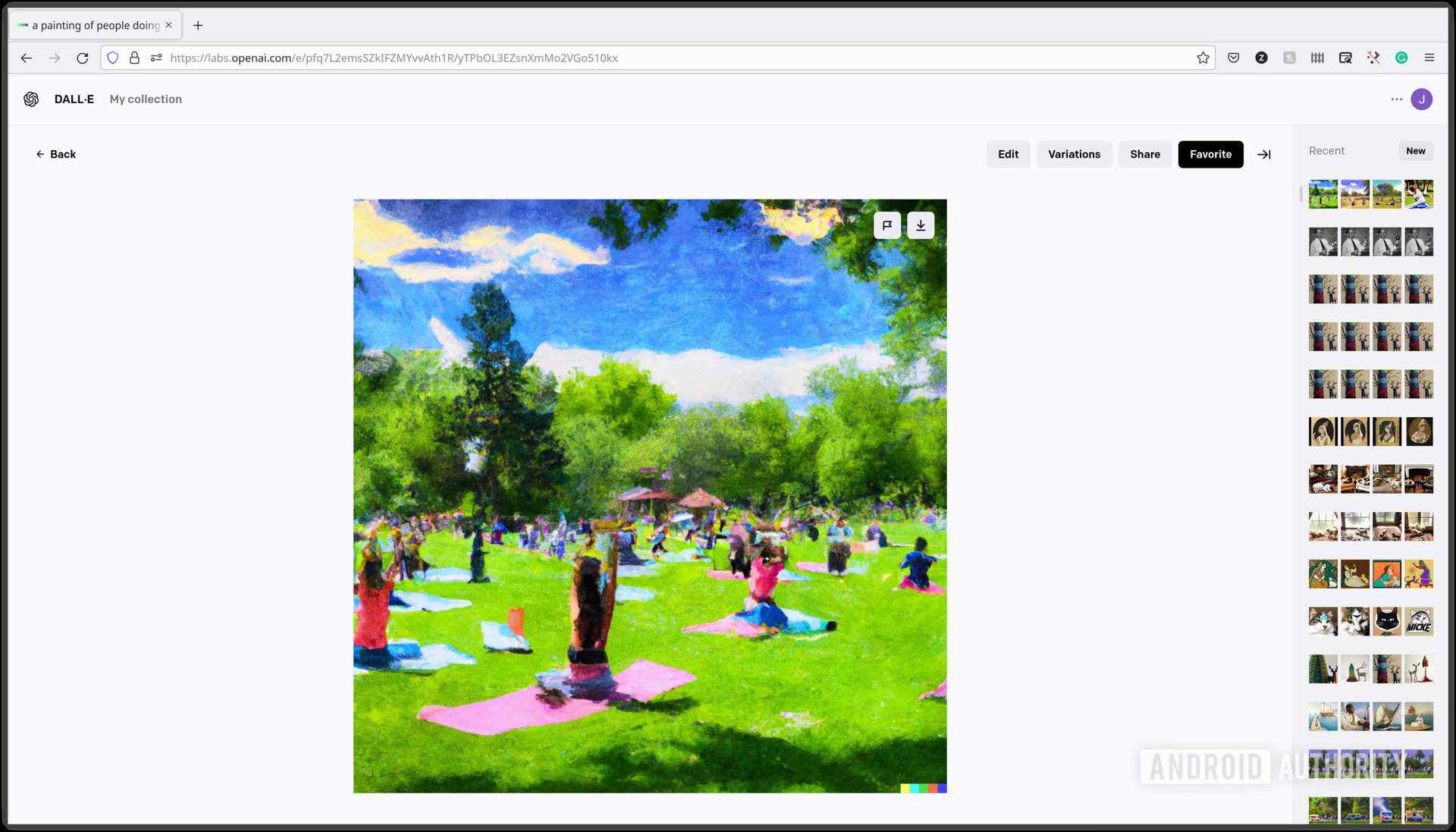 A screenshot of a DALL-E 2 generate image from the prompt "a painting of people doing yoga in a park on a sunny day".
