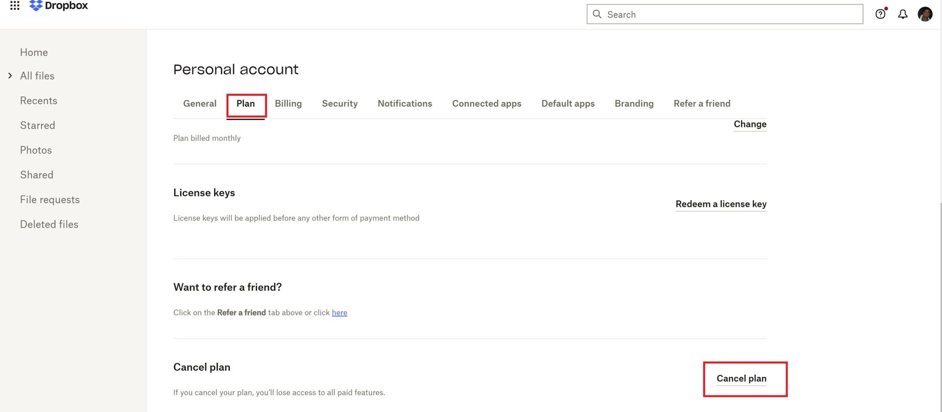 dropbox cancel plan in settings