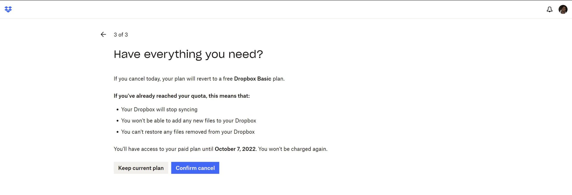 dropbox confirm cancellation