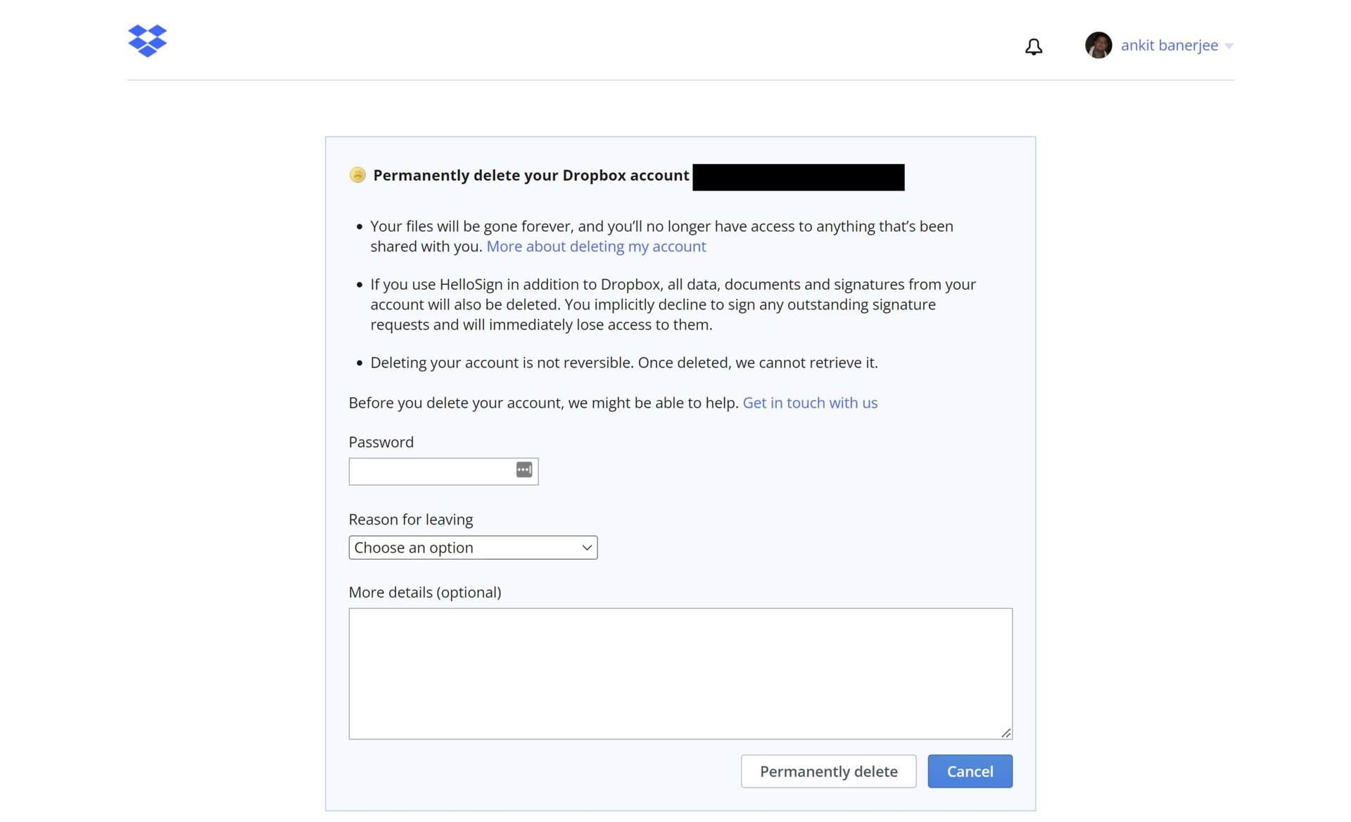 dropbox delete account confirmation