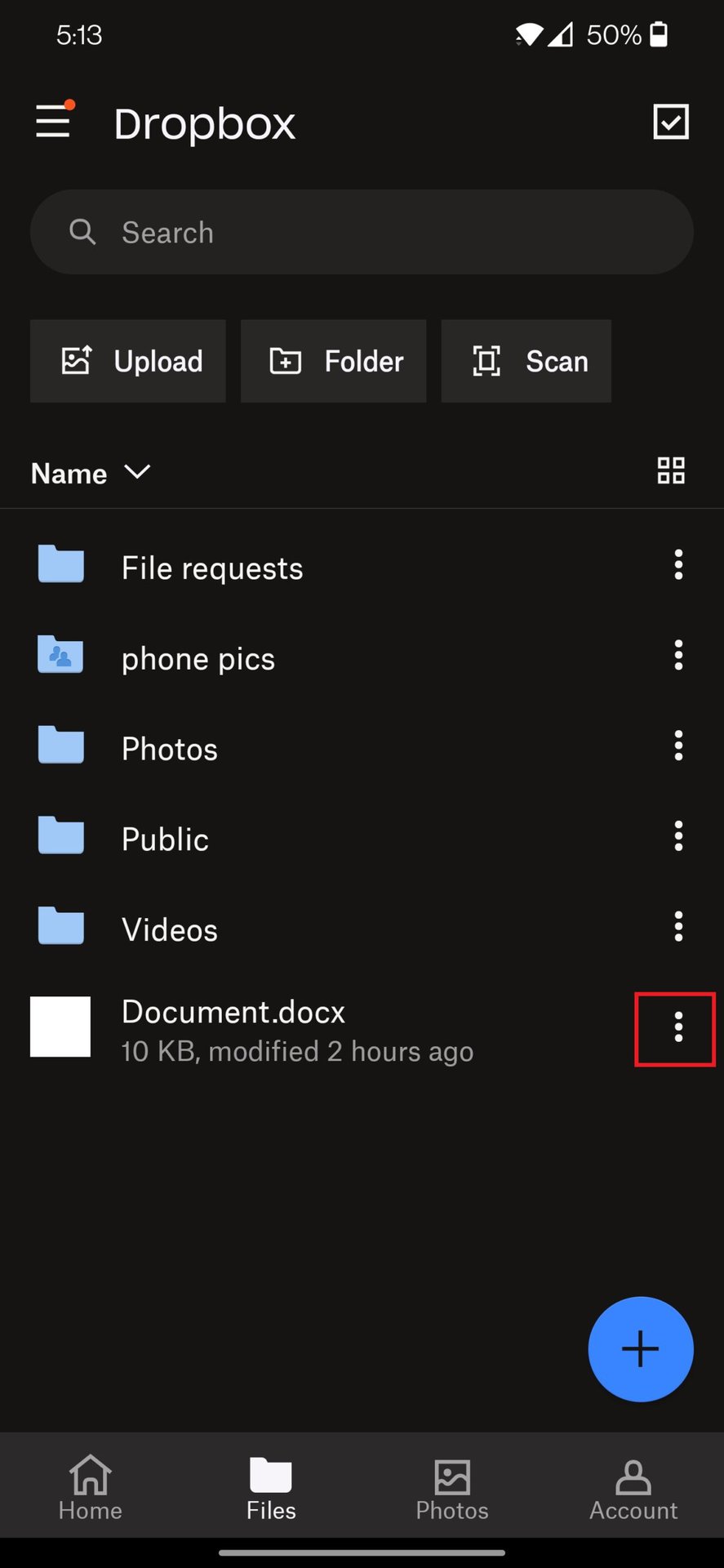 dropbox mobile document more options
