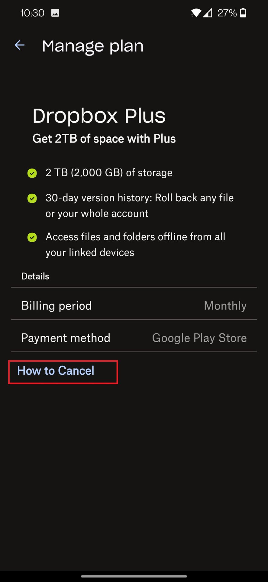 dropbox mobile how to cancel