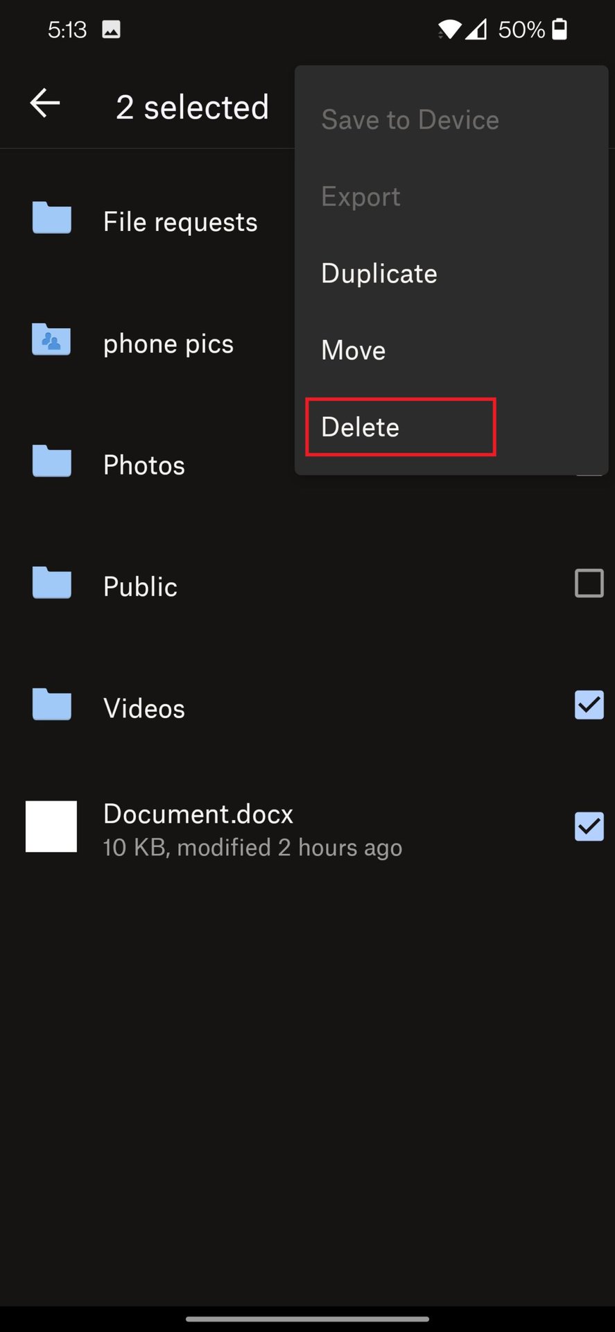 dropbox mobile select and delete multiple files