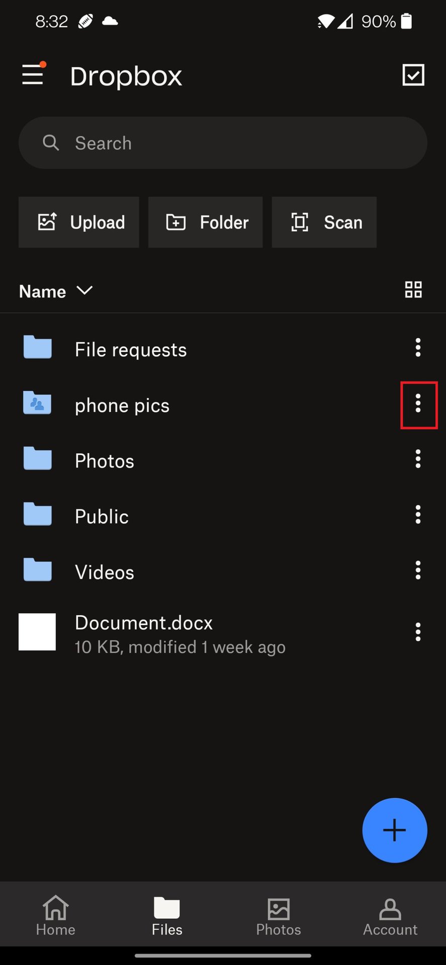 dropbox mobile select folder