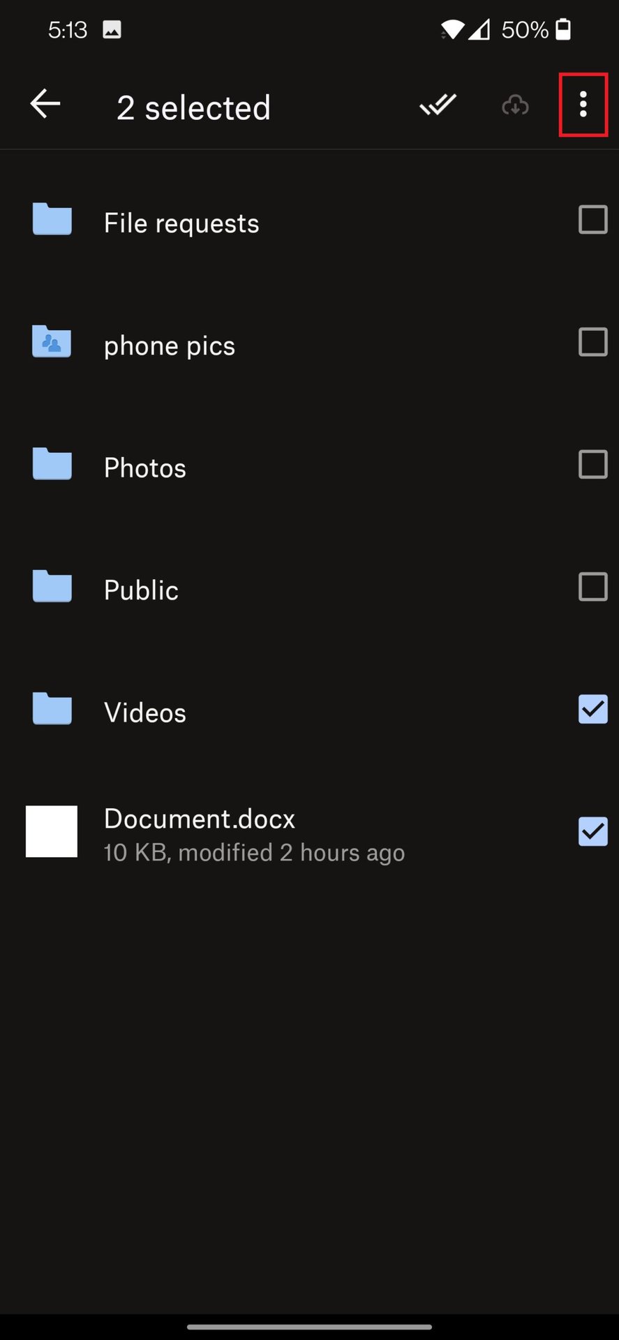 dropbox mobile select multiple files