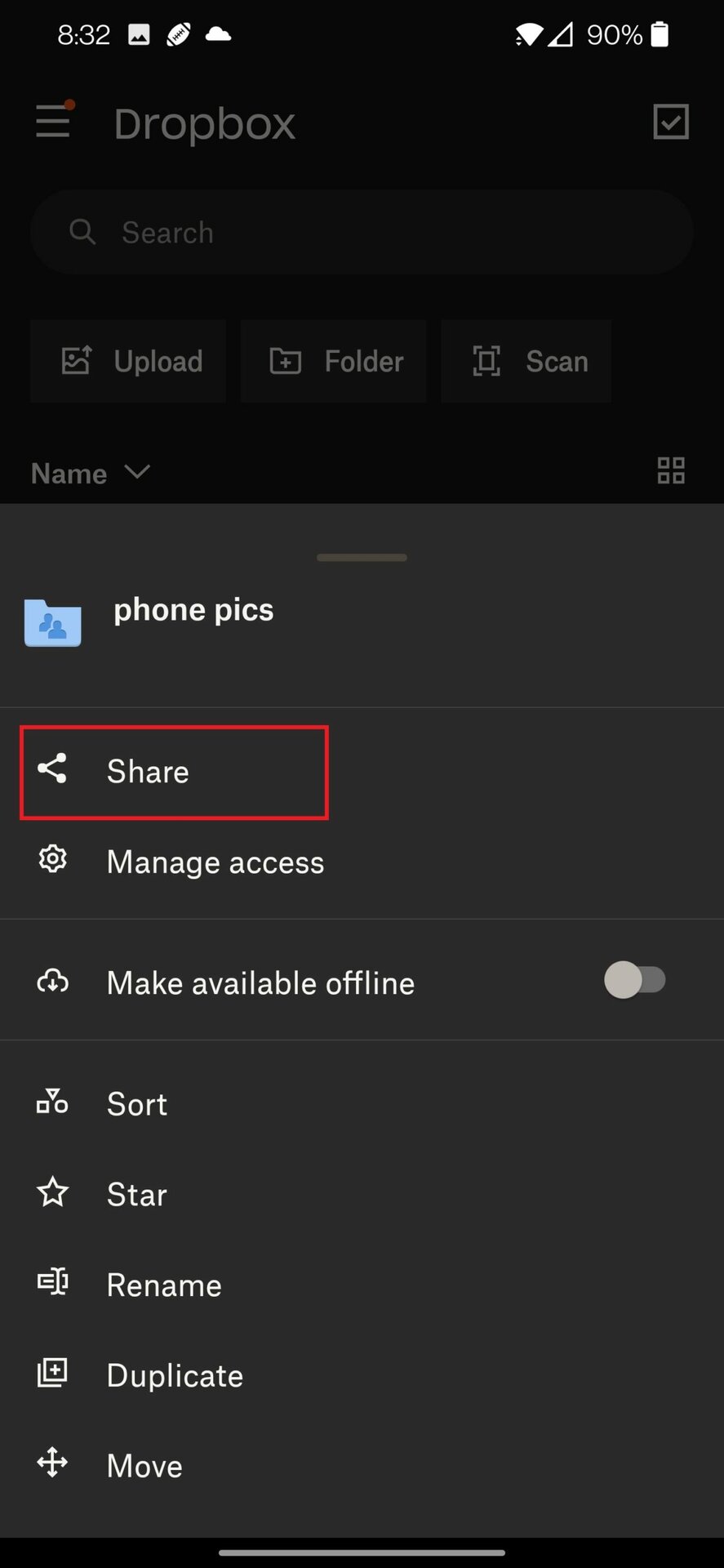 dropbox mobile share folder