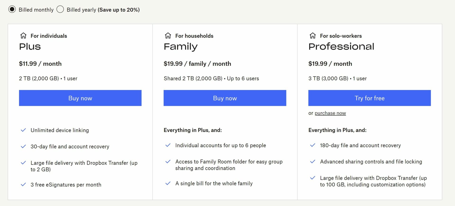 dropbox monthly plans individual