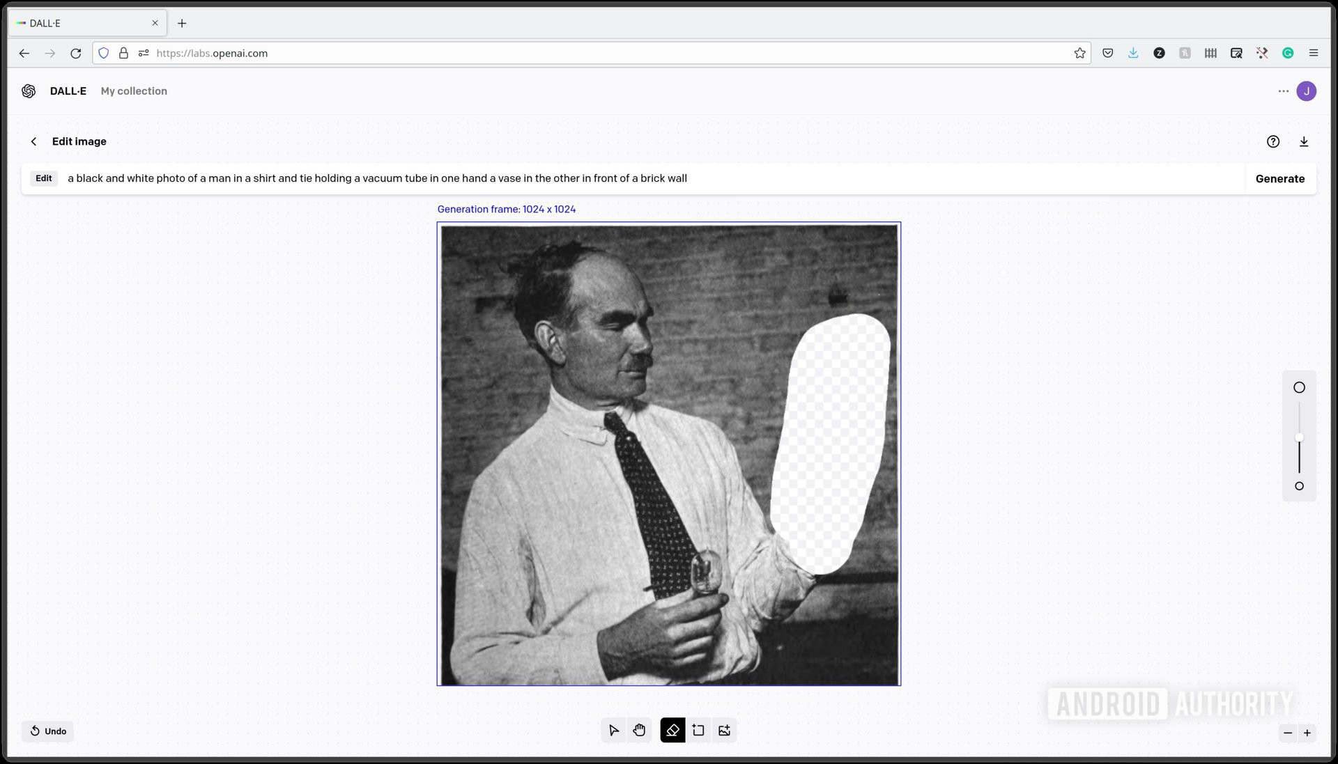 The DALL-E 2 image editor showing a photo with a portion of it erased.