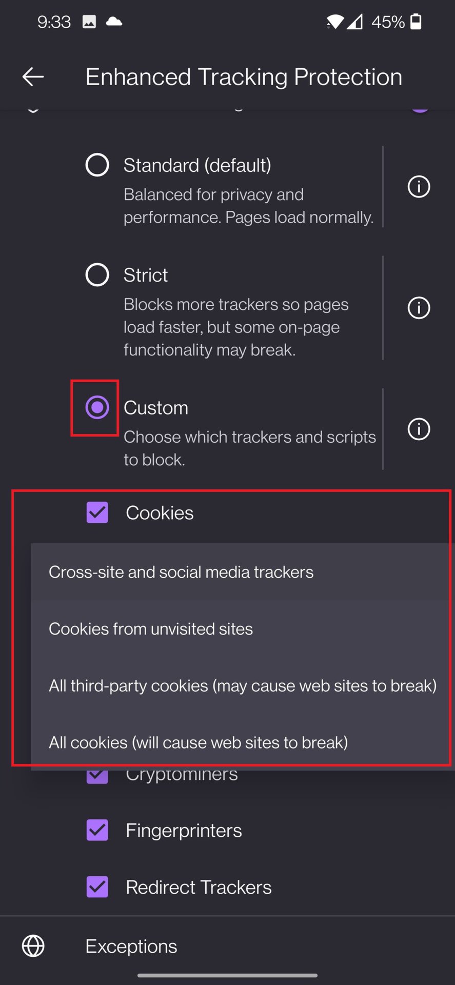 firefox mobile enable or disable cookies