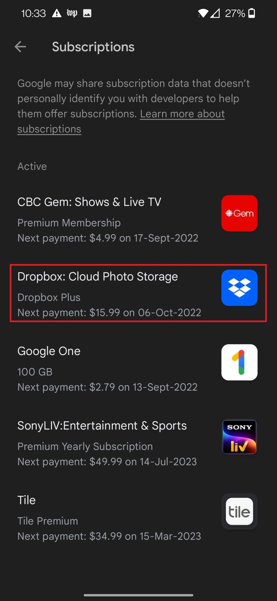 google play store subscriptions list