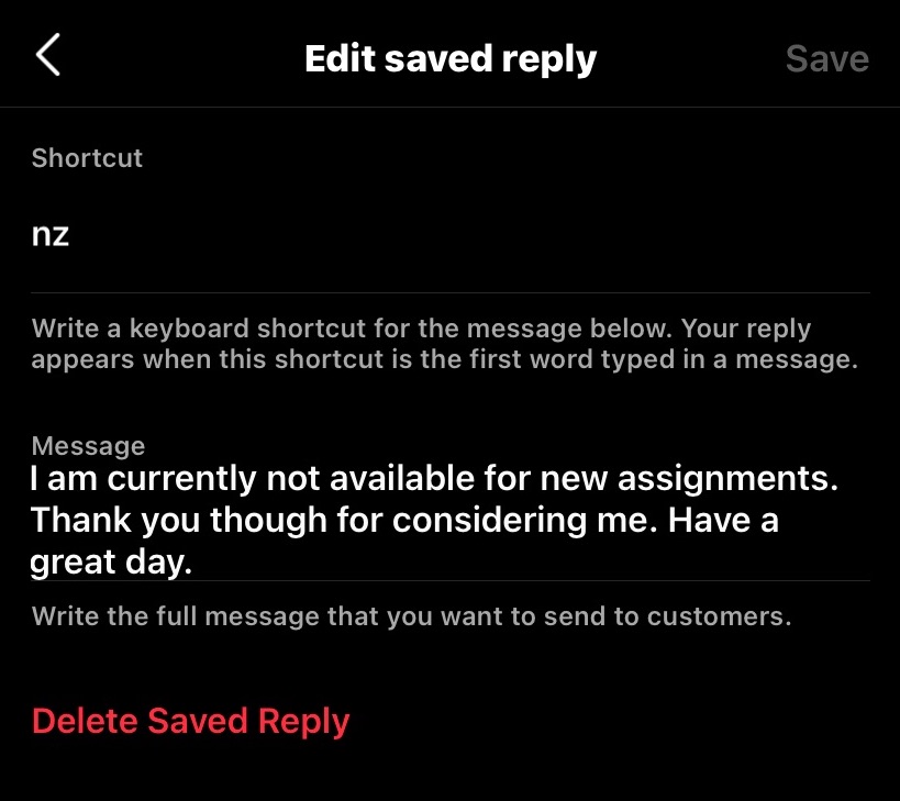 instagram creator saved reply