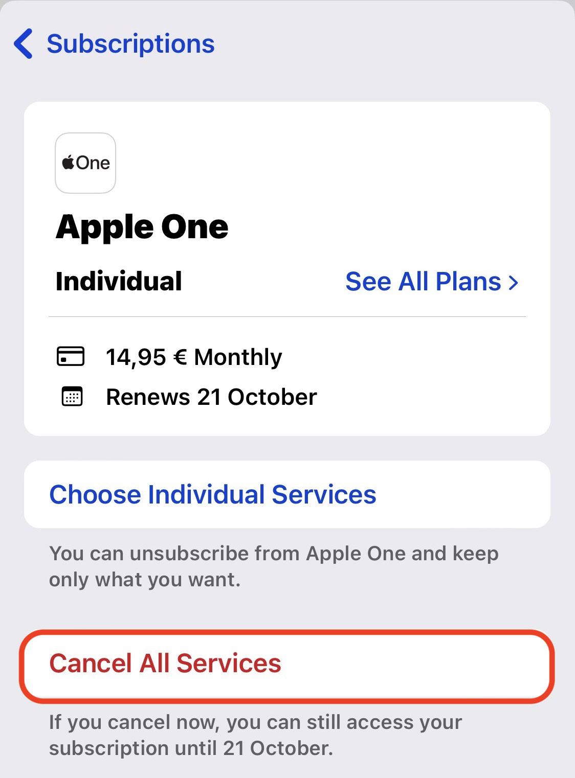 ios apple one cancel all services