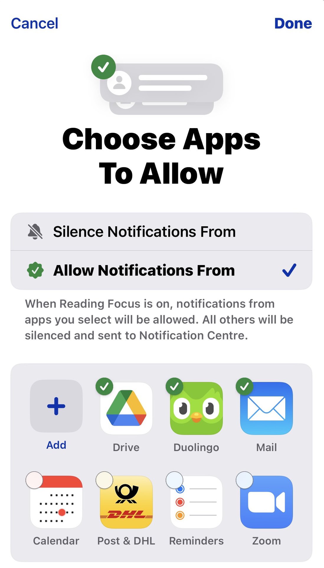 Allow iOS focus mode apps