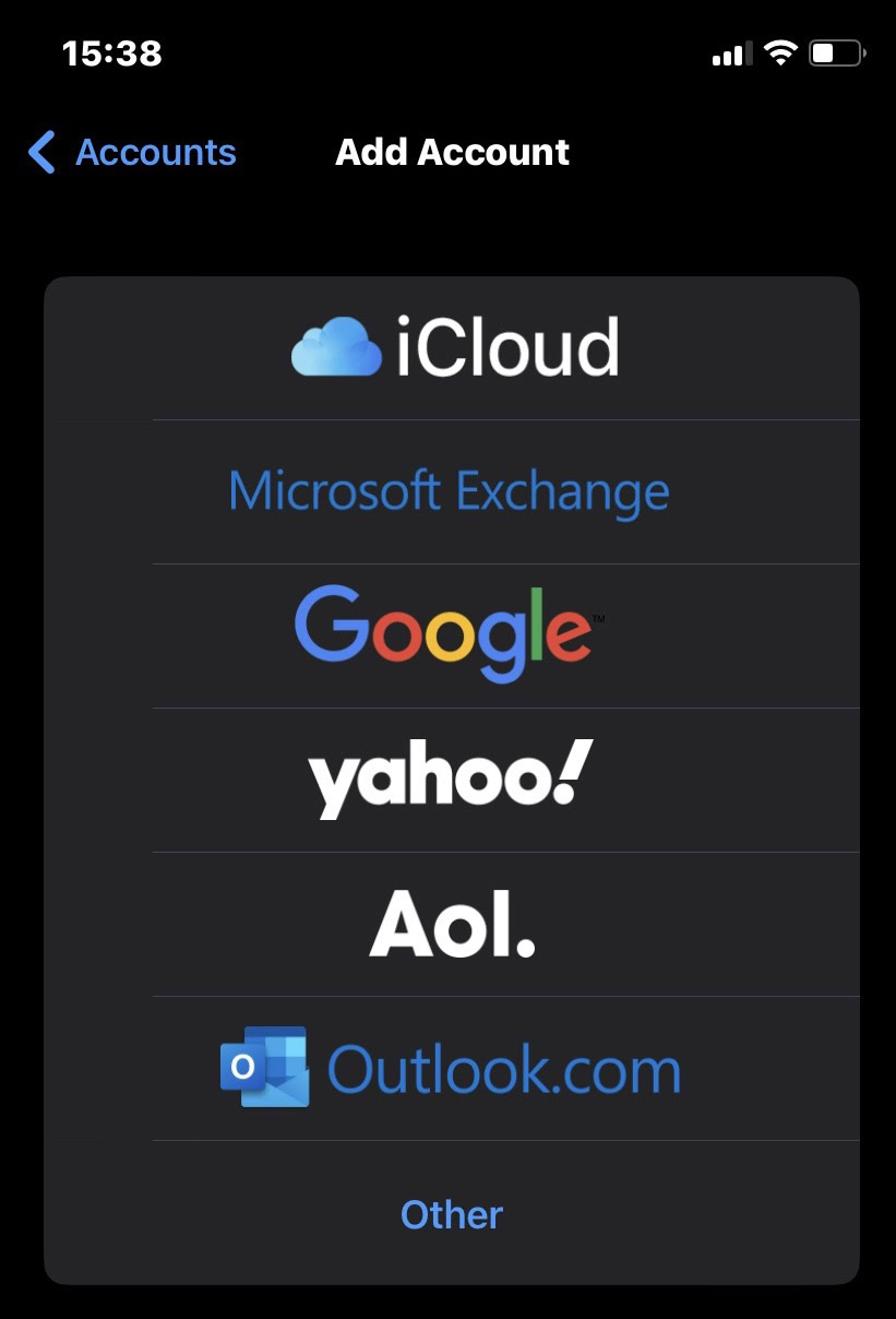 ios mail app select account type