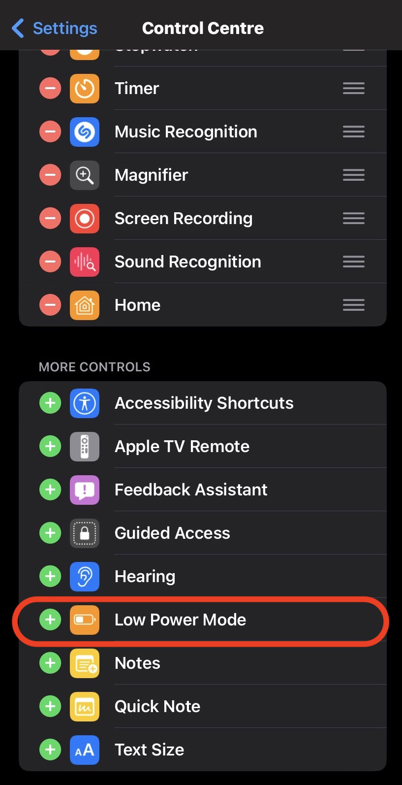 iphone control center enable low power mode