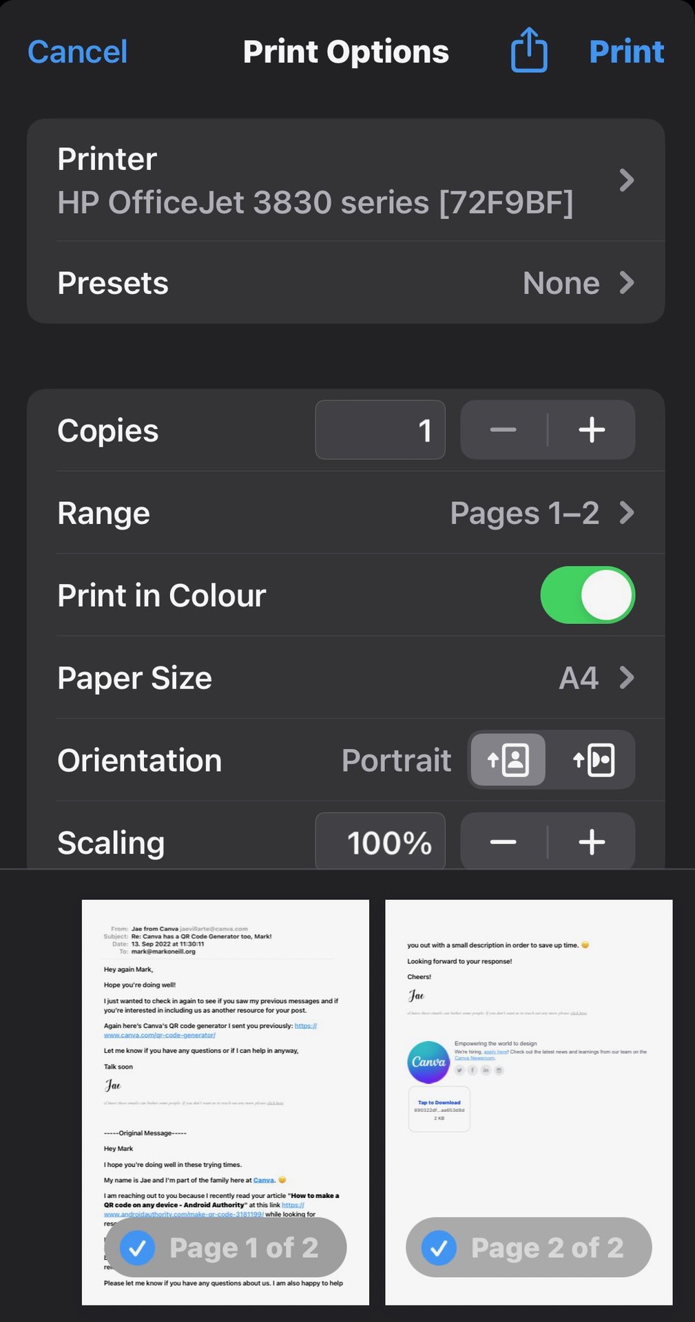 iphone print options airprint