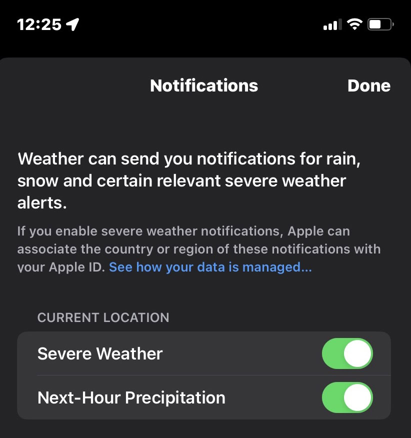 iphone weather toggle notifications