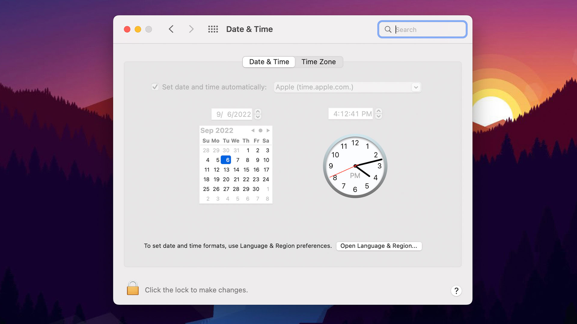 macOS date and time settings