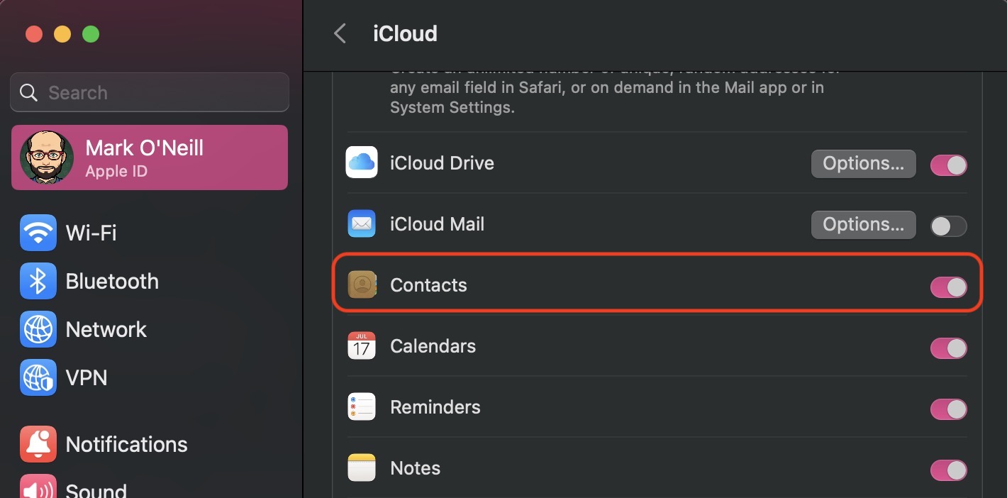 macos icloud toggle on contacts